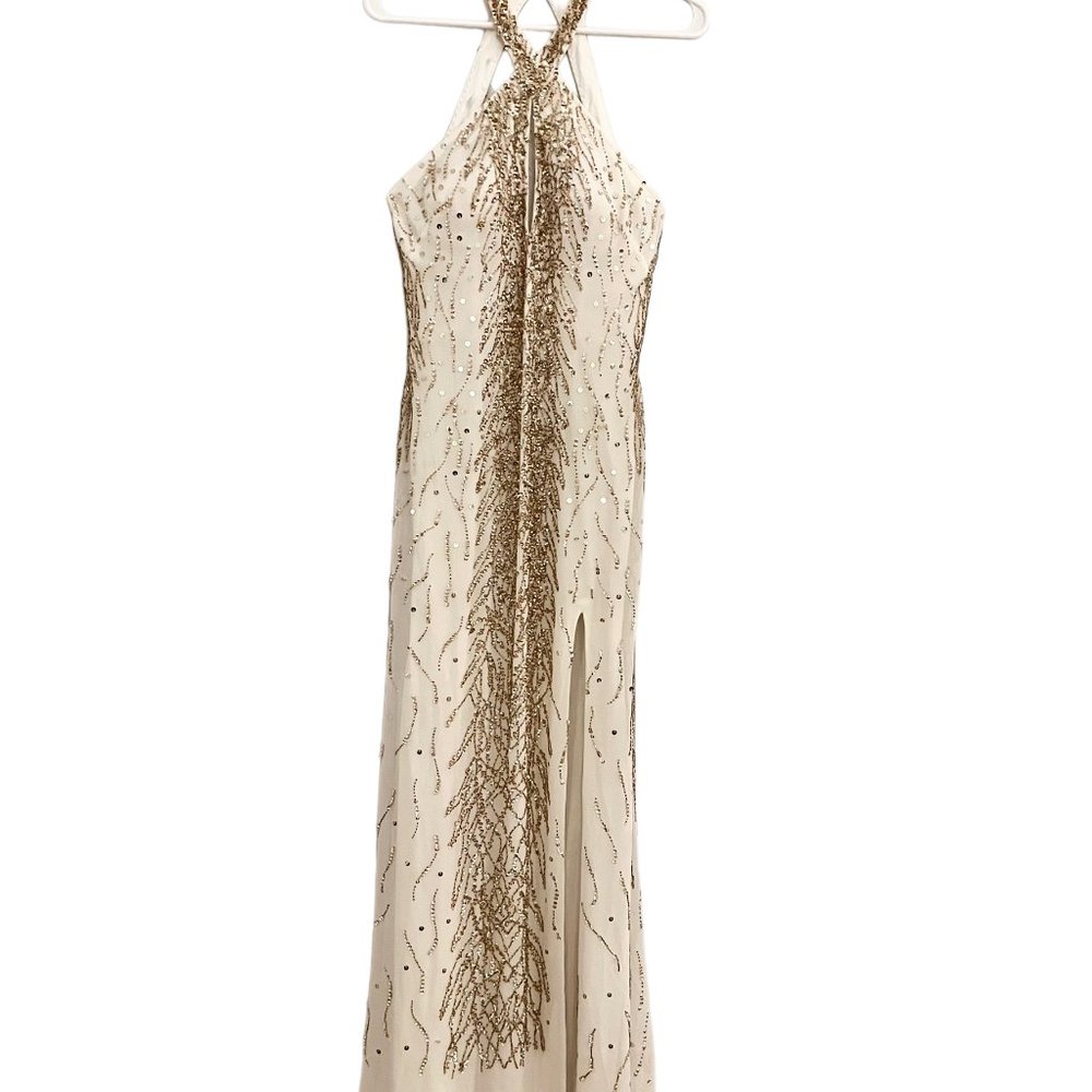 Faviana Glamour, IVORY/GOLD beaded and sequin long evening dress, size 8